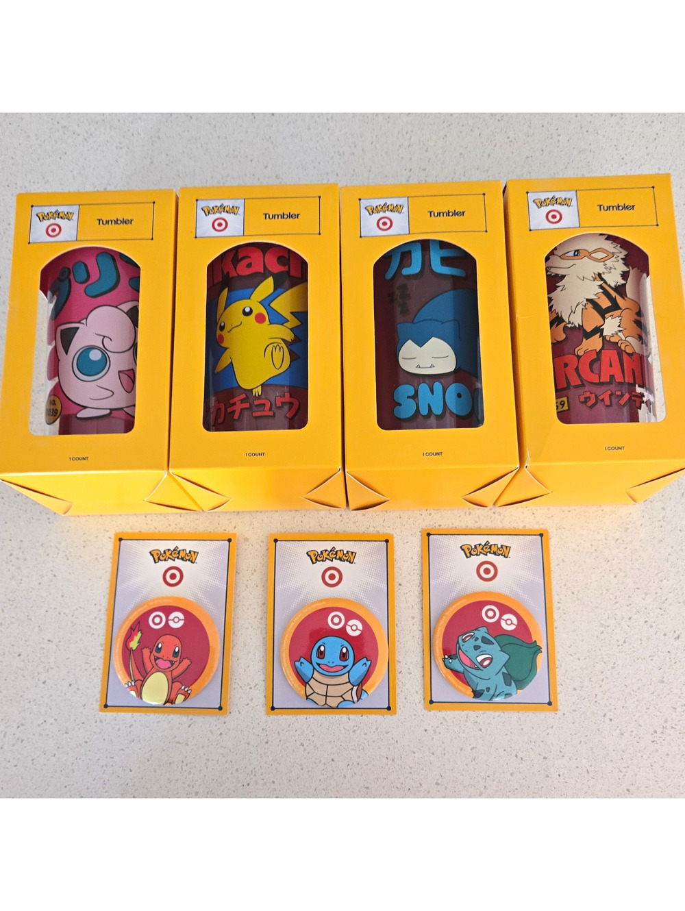 Pokémon 20oz Plastic Tumbler Set of 4 With 3 Button Pins